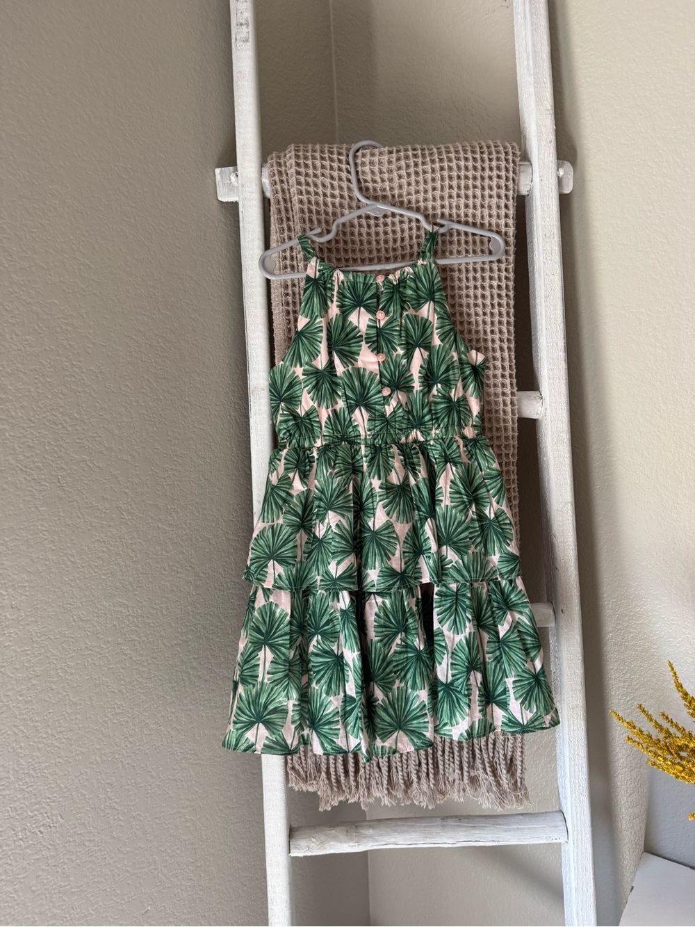 Janie and Jack Cream Dress with Green Palm Print - Picture 2 of 5